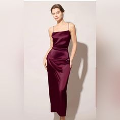 Maxi Slip On Back Dark Red Stain Side Split Maxi Dress, Dark Red Dresses, Solid Maxi Dress, Tailored Clothes, Perfect Figure, Split Maxi Dress, High Waist Dress, Satin Maxi, Satin Maxi Dress