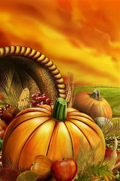 a painting of pumpkins and other autumn items