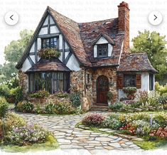 a painting of a house with flowers in the front yard