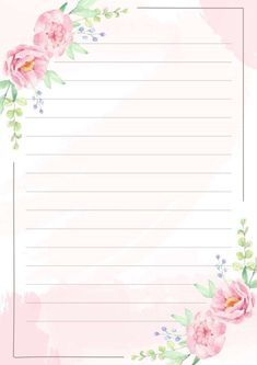 a pink watercolor background with flowers and leaves on the bottom right corner is an empty lined paper