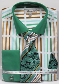 Fratello Men's French Cuff Dress Shirt Set - Multicolor Stripe. Pictured in Mint. 

 Multicolor Stripe
 French Cuff Dress Shirt 
 Tie 
 Hanky 
 Cuff Links 
 100% cotton Shirt Tie Combo, Green Ties, Shirt And Tie Combinations, Stylish Shirts Men, French Cuff Dress Shirts, Everything Green, Big Women Fashion, Classic Wear, Dress Shirt And Tie