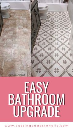 a bathroom with the words easy bathroom upgrade overlayed in pink and gray colors