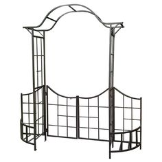 a metal bed frame with an arched top