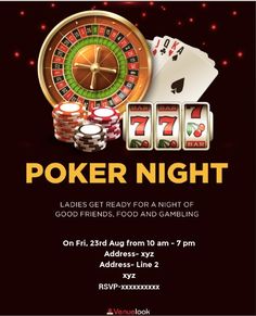 a flyer for a casino party with poker cards and chips