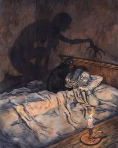 a painting of a cat sitting on a bed next to a person with a candle