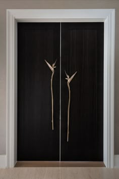 two tall wooden doors with metal handles in a room that has beige walls and wood flooring