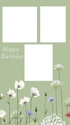 a green birthday card with white flowers and two square frames on the front of it