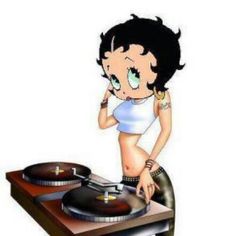 a cartoon girl is standing next to a turntable and holding her hand on her hip