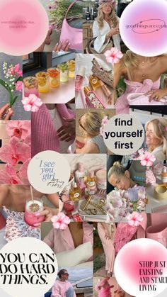 a collage of pink and white images with words that say, find yourself first