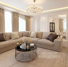 a living room filled with furniture and a chandelier