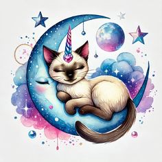 a cat is sleeping on the moon with a unicorn's horn in its mouth