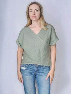 Elegant Linen Blouse Kimono Sleeve Top Women Linen Shirt - Etsy Solid Linen V-neck Shirt, Linen V-neck Shirt, Solid Ramie Tops For Spring, Chic Linen Top In Flax Color, Casual V-neck Ramie Top, Casual V-neck Tops In Ramie, Chic Solid Linen Shirt, Chic Linen Tops With Relaxed Fit, Chic Relaxed Fit Linen Tops