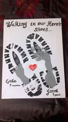 a handprinted card with two hands and a heart on it that says walking in our hearts shoe s