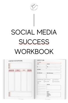 the social media success workbook is open on top of a white book with black lettering