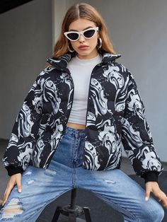 Black and White Casual  Long Sleeve Polyester Figure Puffer Embellished Non-Stretch Winter Women Outerwear Women Outerwear, Winter Coats, Winter Coats Women, White Casual, Puffer Coat, Outerwear Women, Winter Collection, Winter Women, Drop Shoulder