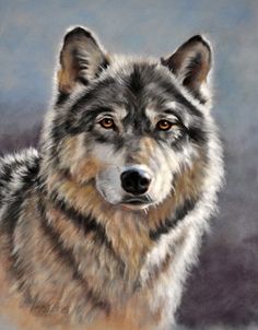 a painting of a wolf looking at the camera