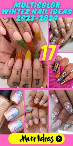 Winter Multicolor Nails, Acrylic Nails For Winter, Toe Nail Art Designs, Carnival Nails, Latest Nails, Winter Nail Ideas, Multicolored Nails