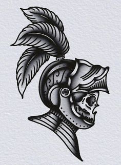 a drawing of a skull wearing a helmet with leaves on it's head and the word