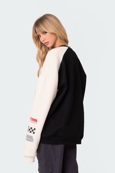 Sweatshirt Contrast sleeves Graphic design Polyester Model wears size S Model height is 5'7 Item care: Wash with similar color Track Graphic, Swimwear Dress, Belly Chain, Fast Track, Comfy Casual, Raglan Sleeve, Set Dress, Varsity Jacket, Casual Looks