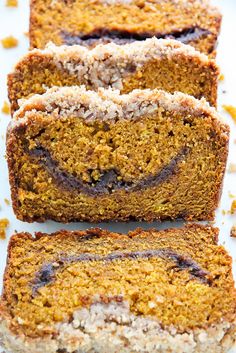 four slices of pumpkin bread on a white plate with orange zest and cinnamon flakes