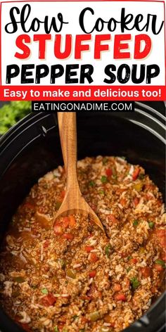 slow cooker stuffed pepper soup in a black crock pot with a wooden spoon