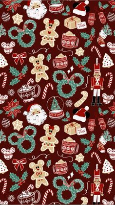 a christmas themed wallpaper with teddy bears and other holiday related items on red background