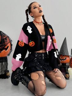 Pumpkin Cardigan, Pumpkin Spice Hair, Halloween Mode, Casual Halloween, Cartoon Halloween, Fall Cardigan, Chic Maxi Dresses, Cropped Coat