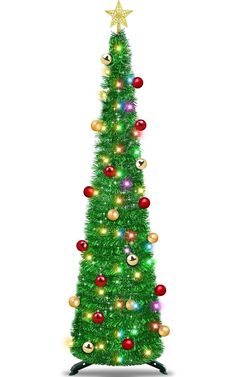 a green christmas tree with red and gold ornaments on it's top, in front of a white background