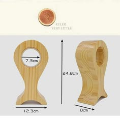 a wooden bottle stopper with measurements for the top and bottom, on a white background