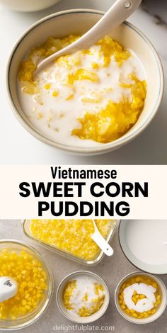 a bowl of Vietnamese sweet corn pudding Creamy Coconut Sauce, Sweet Corn Pudding, Vietnamese Desserts, Christmas Desserts Party, Dessert Soup, Vietnamese Dessert, Corn Pudding, Coconut Desserts, Coconut Sauce