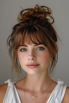 #beauty, #makeup, #skincare, #haircare Bangs With Part In The Middle, Messy Fringe Bangs, Brunette Bangs Straight Hair, Bangstyle Hair Long Ponytail, Blonde Bangs Ponytail, Fun Edgy Haircut, Wispy Face Framing Bangs Round Face, Updo Big Forehead, Haircuts With Bangs For Fine Hair