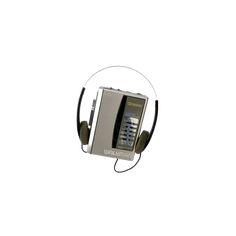 an electronic device with headphones attached to the front and side of it, on a white background