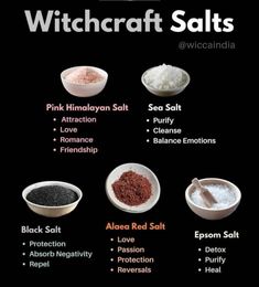 Different salts and their uses Herbal Apothecary Recipes, Spell Jar Ingredients, Different Salts, Calm Purple, Wild Witch, Hoodoo Spells, Magickal Herbs