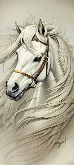 a drawing of a white horse with long manes