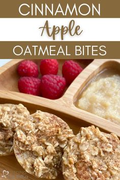 cinnamon apple oatmeal bites with raspberries in the background and text overlay