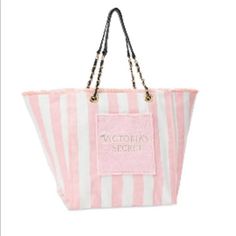 Nib!!! Gorgeous Victoria Secret Canvas Tote- Discontinued Rare Find This Stripe Tote With Chic Fringe And Chain Straps Is Perfect For The Beach. Spacious Enough For All Your Daily Must-Haves And More. Fits Laptop, Phone, Wallet, Cosmetics Case, Water Bottle, All Everyday Essentials. Size: 22.5"L X 8.25"W X12.5"H Color: Pink/White/Stripes With Black Shoulder Straps Cotton Canvas Will Wrap For Care Pet/Smoke Free Home Bundle & Save!!! I Give Discounts On Bundles, As Well As Save You Big On Shippin Fringe Tote Bag, Gold Tote Bag, Victoria Secret Tote Bags, Pink Tote Bags, White Tote, Victoria Secrets, Pink Tote, Victoria Secret Bags, Weekender Tote