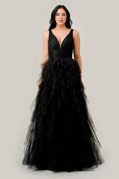 Black Layered Tiered Tulle A-Line Dress Black Tulle Layer Dress, Tiered Black Tulle Dress, Layered Tulle Prom Dress Black, Luxury Tiered Tulle Skirt Dress, Luxury Tiered Tulle Dress, Long Tiered Tulle Dress, Luxury Tulle Maxi Evening Dress, Luxury Tulle Dresses With Tiered Skirt, Layered Maxi Dress