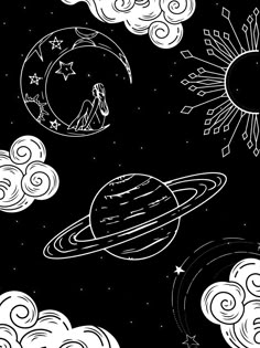 black and white drawing of the solar system with clouds, stars and planets in space