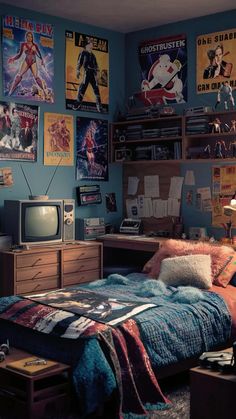 a bedroom with posters on the walls and a bed in front of a tv set