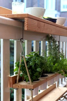 some plants are hanging from a shelf on a porch or deck with rope attached to the railing