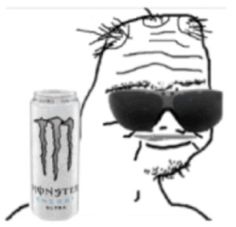 a can of monster energy next to a cartoon image of a man with sunglasses on