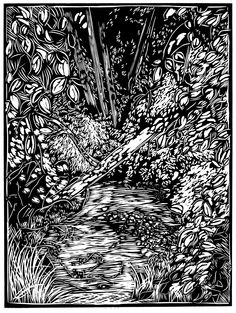 a black and white drawing of a stream in the woods