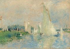 a painting with people on the water and sailboats in the background by an artist