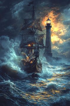 a painting of a ship in the ocean with a light house on it's side