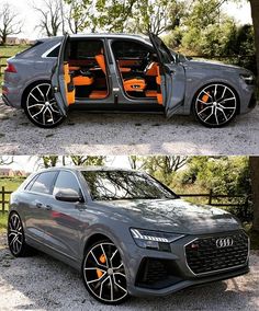 two different views of an audi car with the doors open and the interior door opened