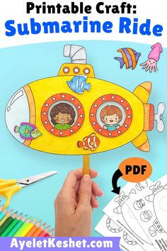 a yellow submarine shaped paper craft with the words printable craft submarine ride