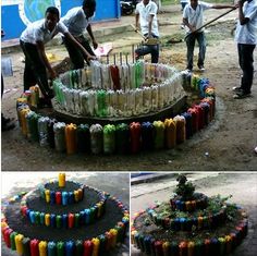 three men are working on an art project made out of plastic bottles and colored candles