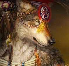 a painting of a wolf with feathers on it's head and other items around its neck