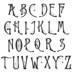 an old english alphabet with spider webs on the upper and lower letters, all in black