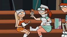 two cartoon characters dressed up in costumes, one with bandages on his head and the other holding a doll